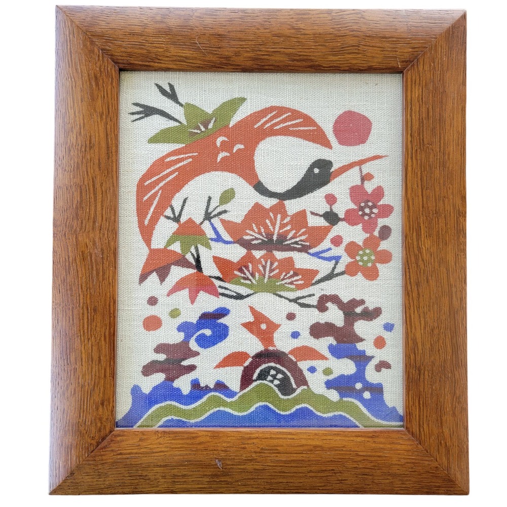 Botanical‎ wood frame bird print on linen fabric bright colorful abstract art